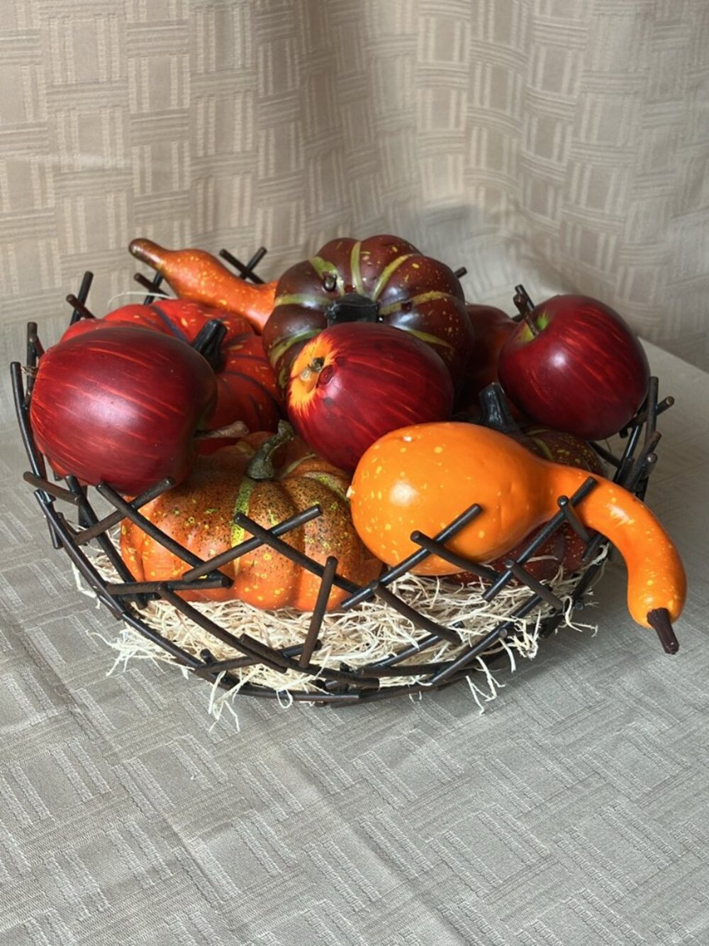 Tree Branch Twig Bronze Metal Bowl with Fall Gourd and Apple Display Pieces